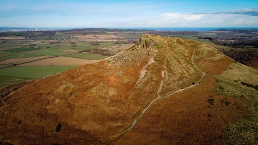 Drone photo of Roseberry Topping in late November, looking east towards the North Sea